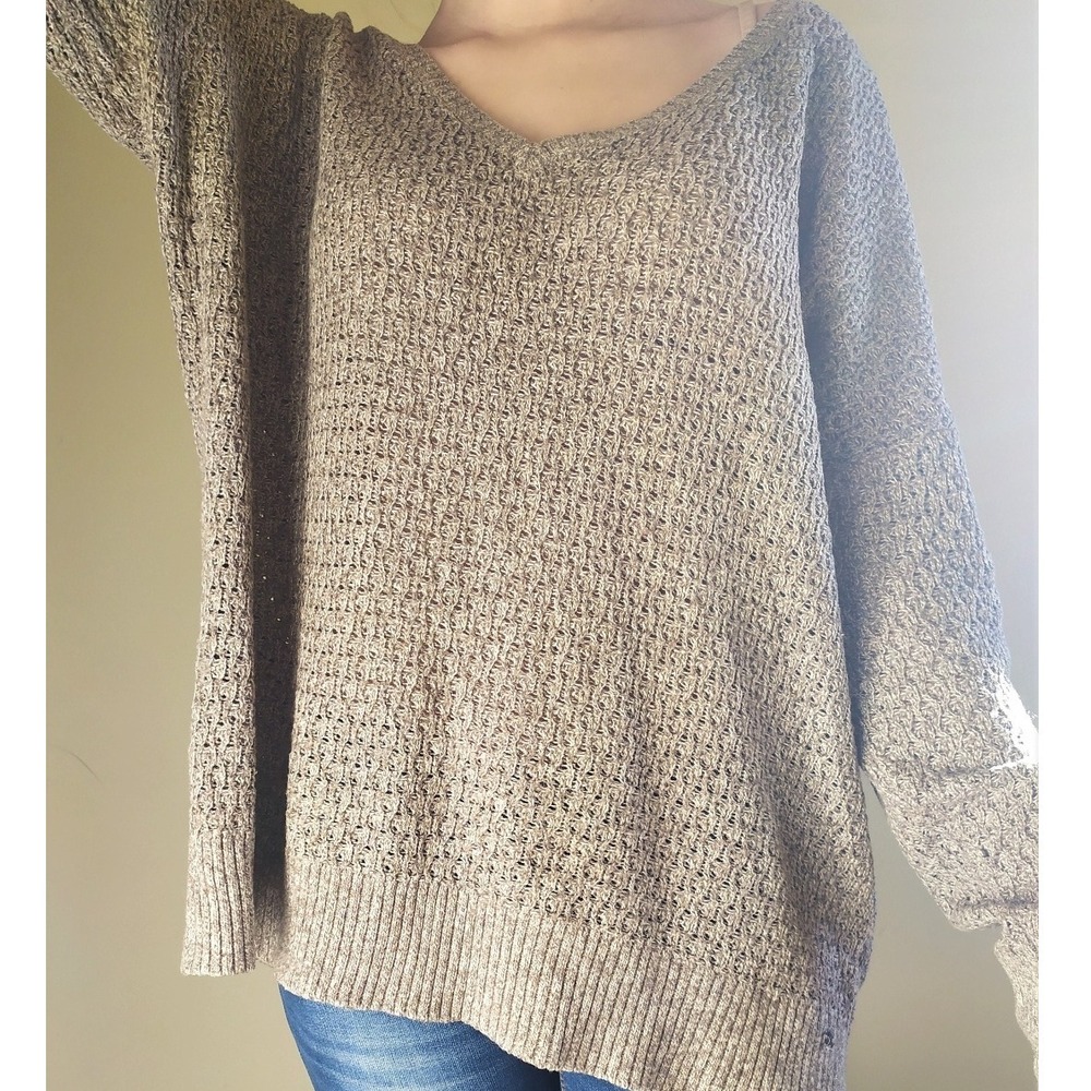 AEO Marled Taupe Waffle Sweater‎ XS Cozy Knit Neutral Minimalist Fall Layering